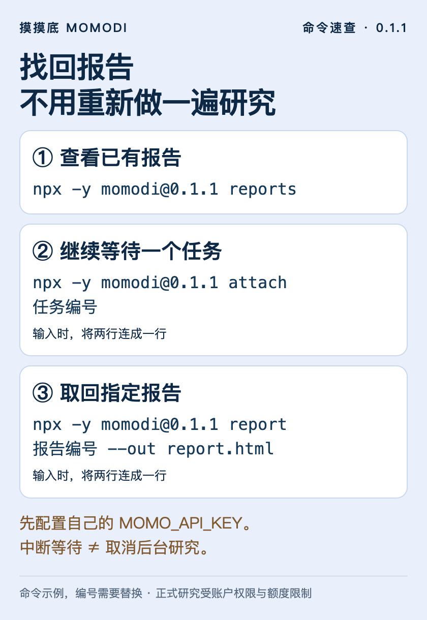 momodi CLI 命令速查:reports 列出报告、attach 继续等待任务、report 取回报告